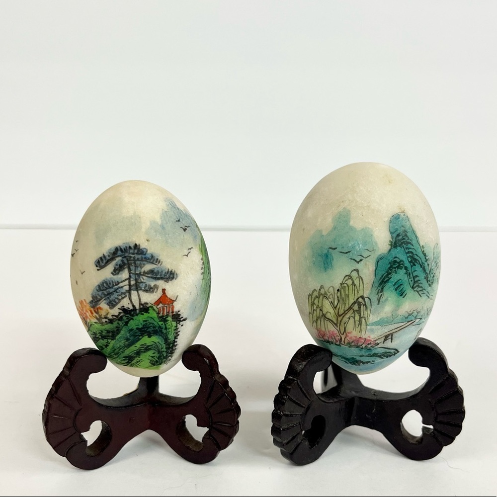Vintage Set of Hand Painted Oriental Landscape Stone Egg